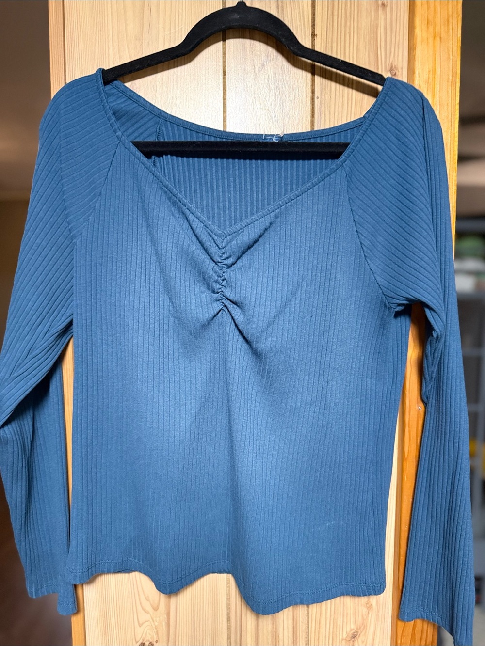 Women's Ribbed Twist Front Long Sleeve Top - Blue